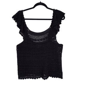 Black Crochet Tank Top With Ruffled Sleeves By Ryegrass Womens XL Cotton Blend